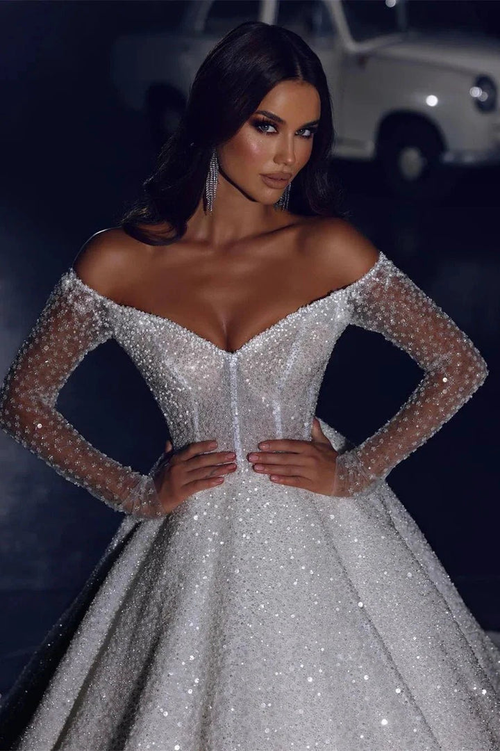 Glamorous Off-the-shoulder A-line Long Sleeves Lace Wedding Dress With Train by misshow.com