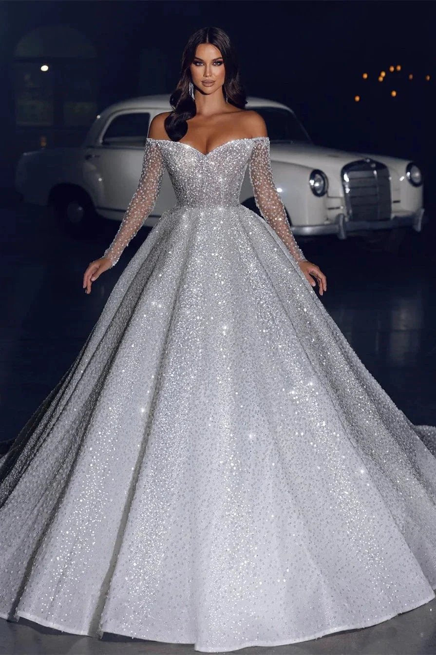 Glamorous Off-the-shoulder A-line Long Sleeves Lace Wedding Dress With Train by misshow.com