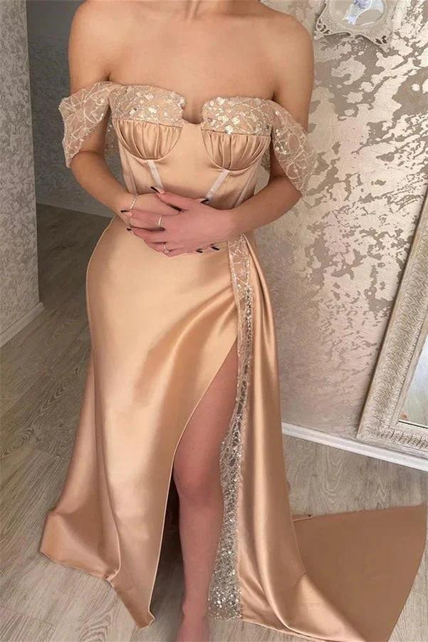 Glamorous Off-the-shoulder Sequined Sleeveless Mermaid Prom Dress With Slit