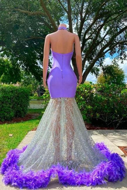 Glamorous Purple Halter Floor Length Satin Sleeveless Mermaid Prom Dress with Appliques by misshow.com