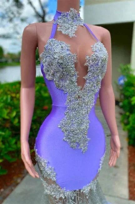 Glamorous Purple Halter Floor Length Satin Sleeveless Mermaid Prom Dress with Appliques by misshow.com