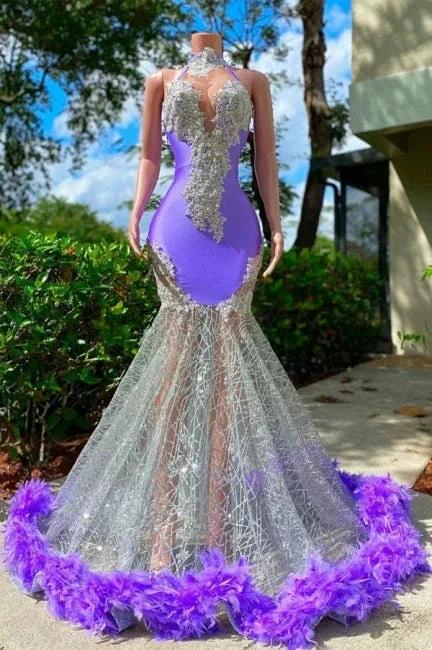 Glamorous Purple Halter Floor Length Satin Sleeveless Mermaid Prom Dress with Appliques by misshow.com