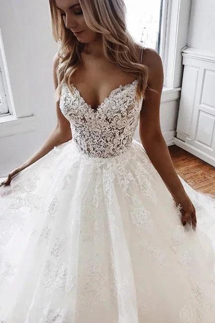 Glamorous Spaghetti-Straps Lace Appliques Tulle A-Line Wedding Dresses by misshow.com