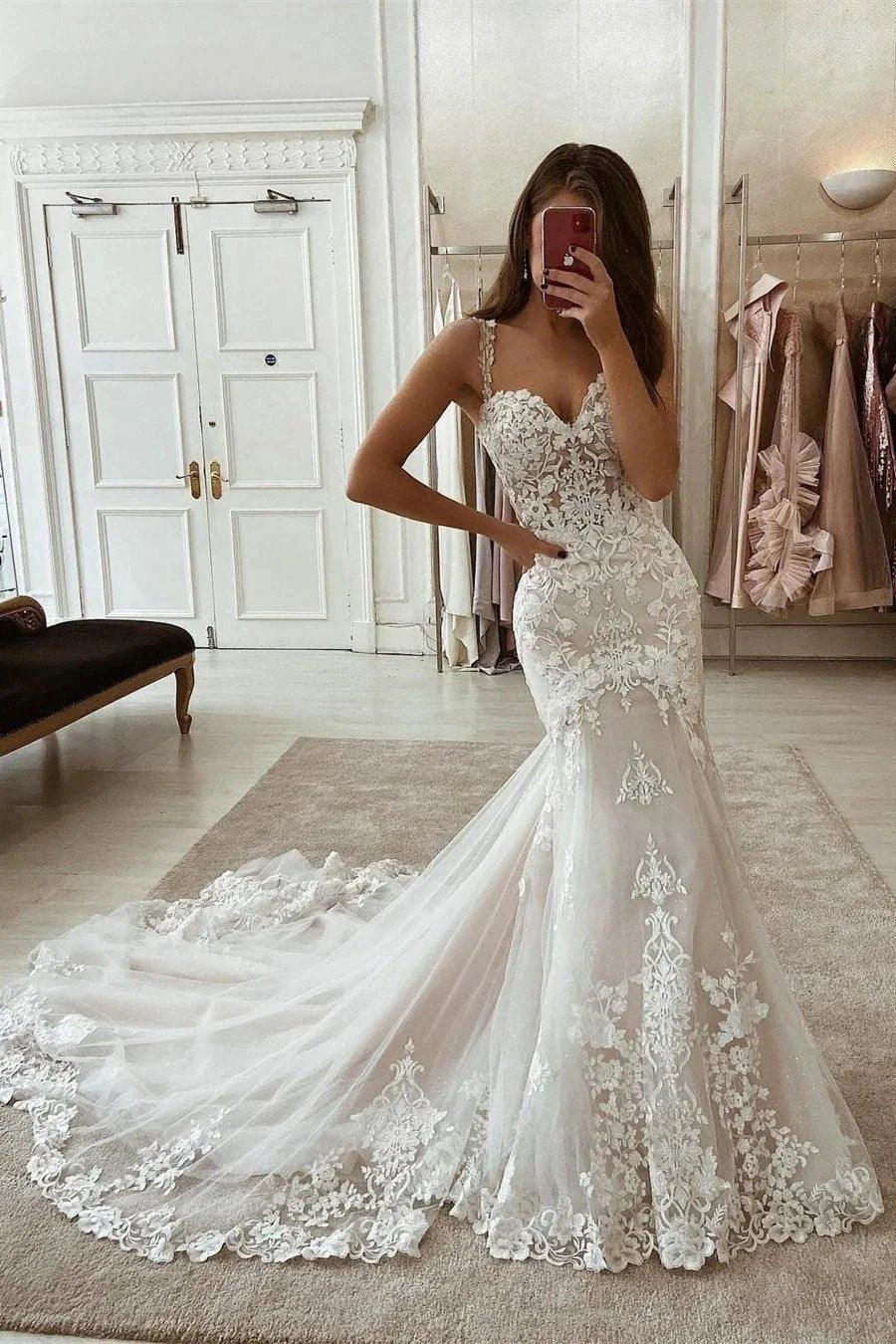 Glamorous Spaghetti Straps Mermaid Sleeveless Wedding Dress With Lace by misshow.com