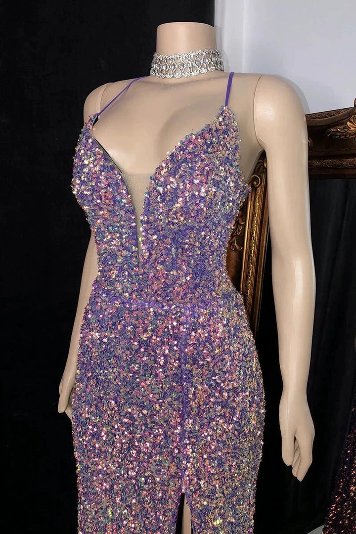 Glamorous Spaghetti Straps V-neck Sequined Sleeveless Prom Dress With Slit by misshow.com