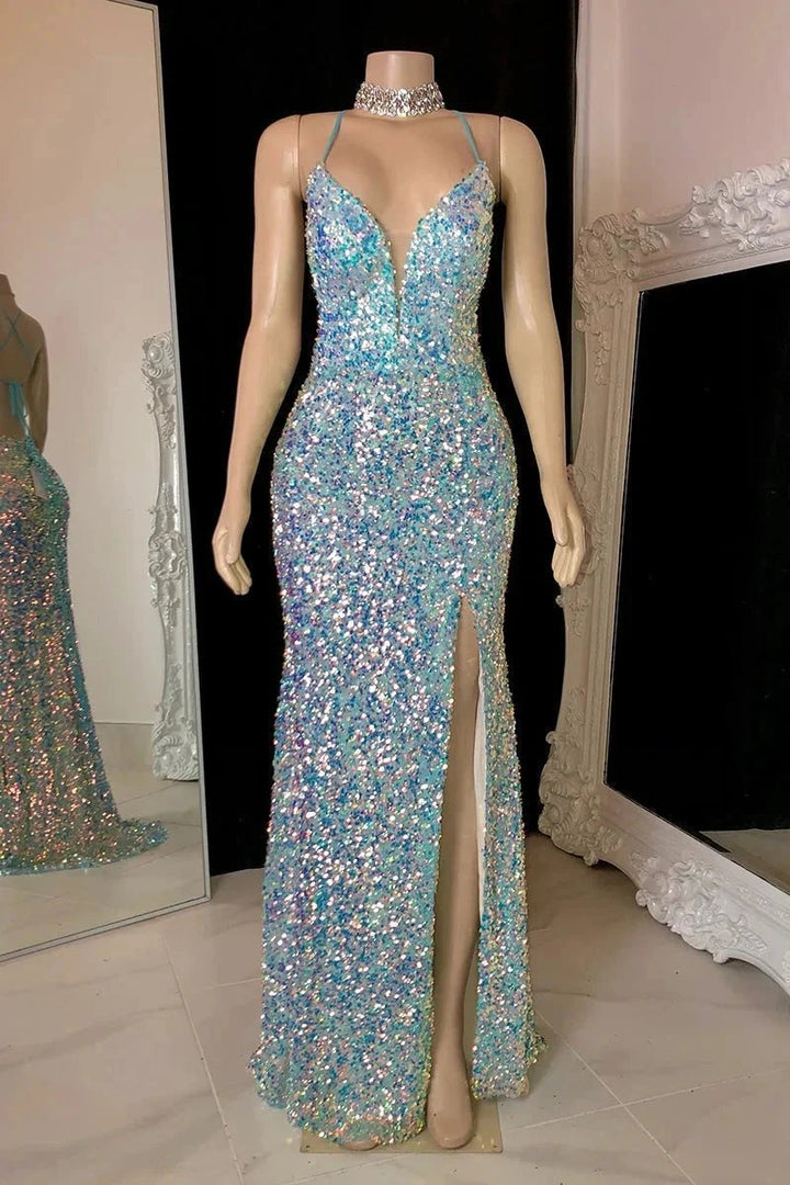 Glamorous Spaghetti Straps V-neck Sequined Sleeveless Prom Dress With Slit by misshow.com