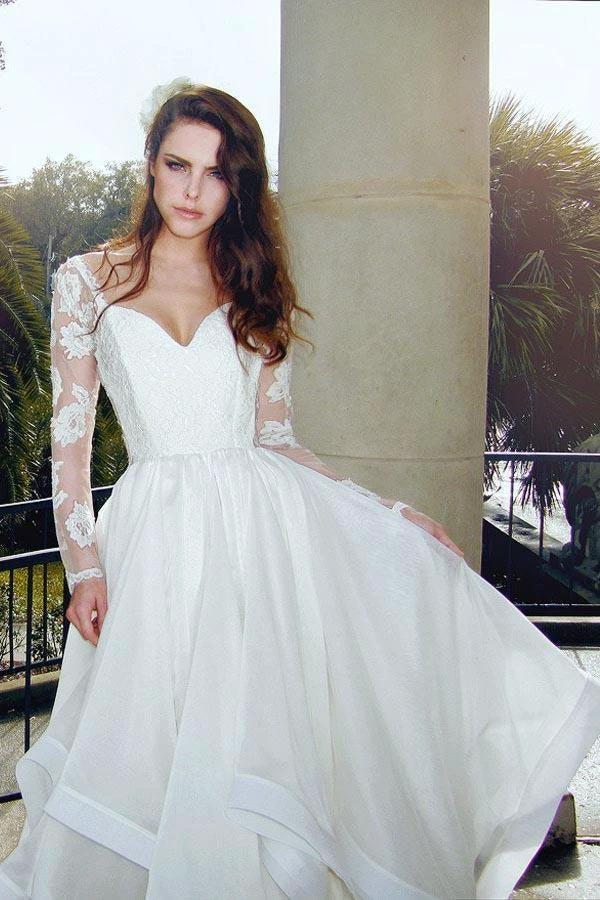 Glamorous V Neck Long Sleeves Lace Organza Wedding Dresses WD125 by pgmdress