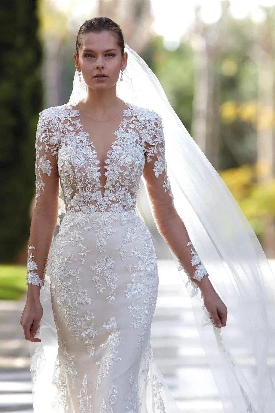 Glamorous V-neck Mermaid Appliques Long Sleeves Wedding Dress With Lace by misshow.com