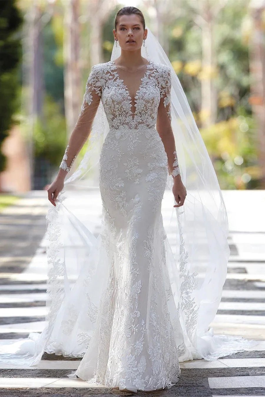 Glamorous V-neck Mermaid Appliques Long Sleeves Wedding Dress With Lace by misshow.com