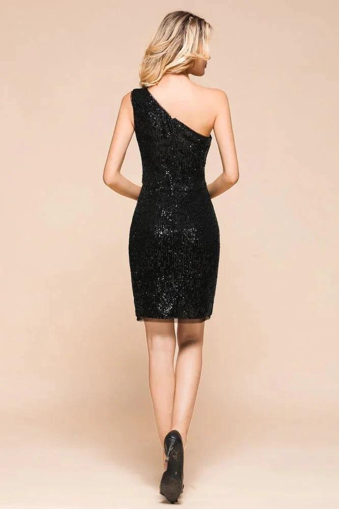 Glitter Black Sequins One Shoulder Mini Party Dress Short Cocktail Dress by misshow.com