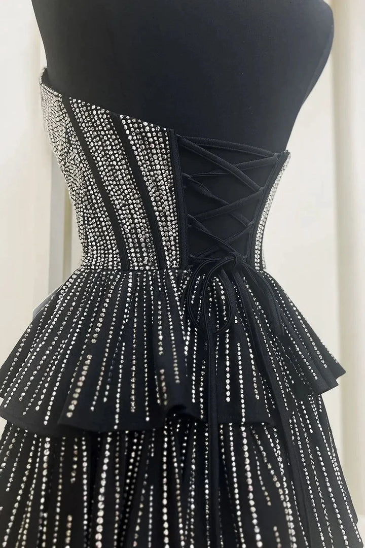 Glitter Black Strapless A-Line Corset Short Homecoming Dress with Beading by KissProm