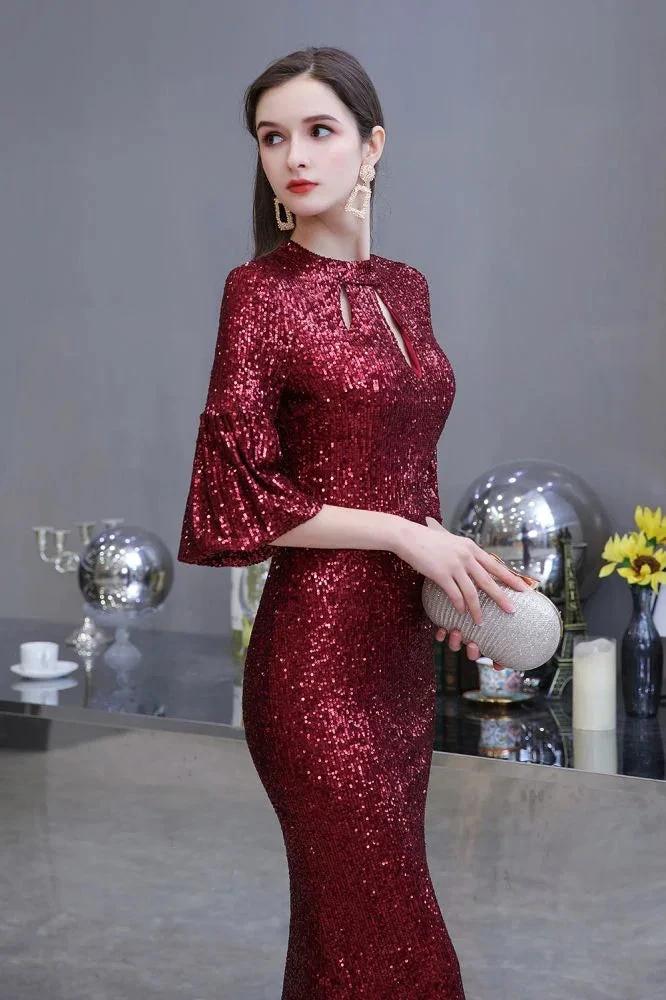 Glitter Half Sleeves Key hole Mermaid Party Dress Burgundy by misshow.com