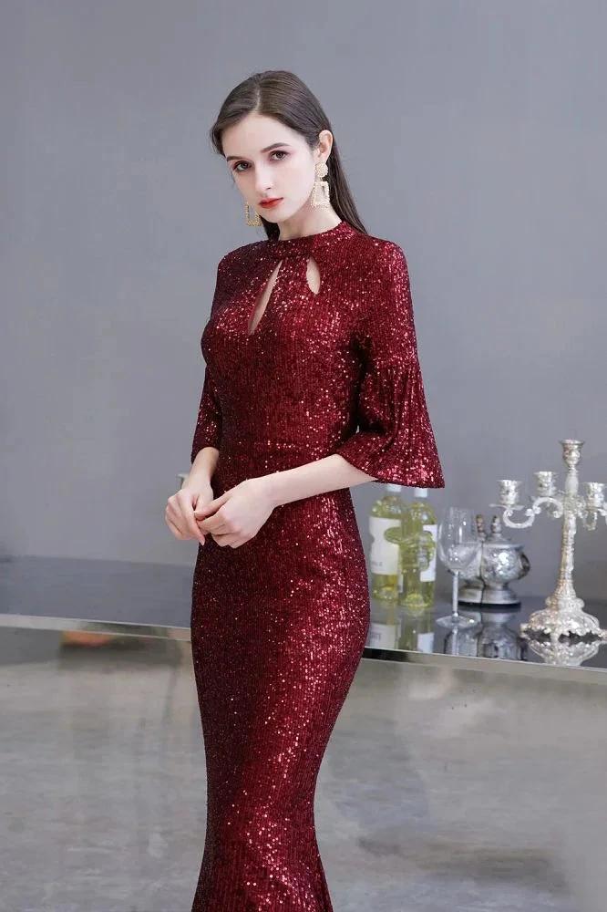 Glitter Half Sleeves Key hole Mermaid Party Dress Burgundy by misshow.com