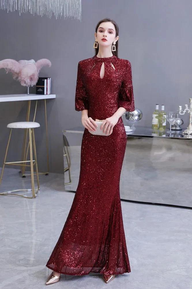 Glitter Half Sleeves Key hole Mermaid Party Dress Burgundy by misshow.com