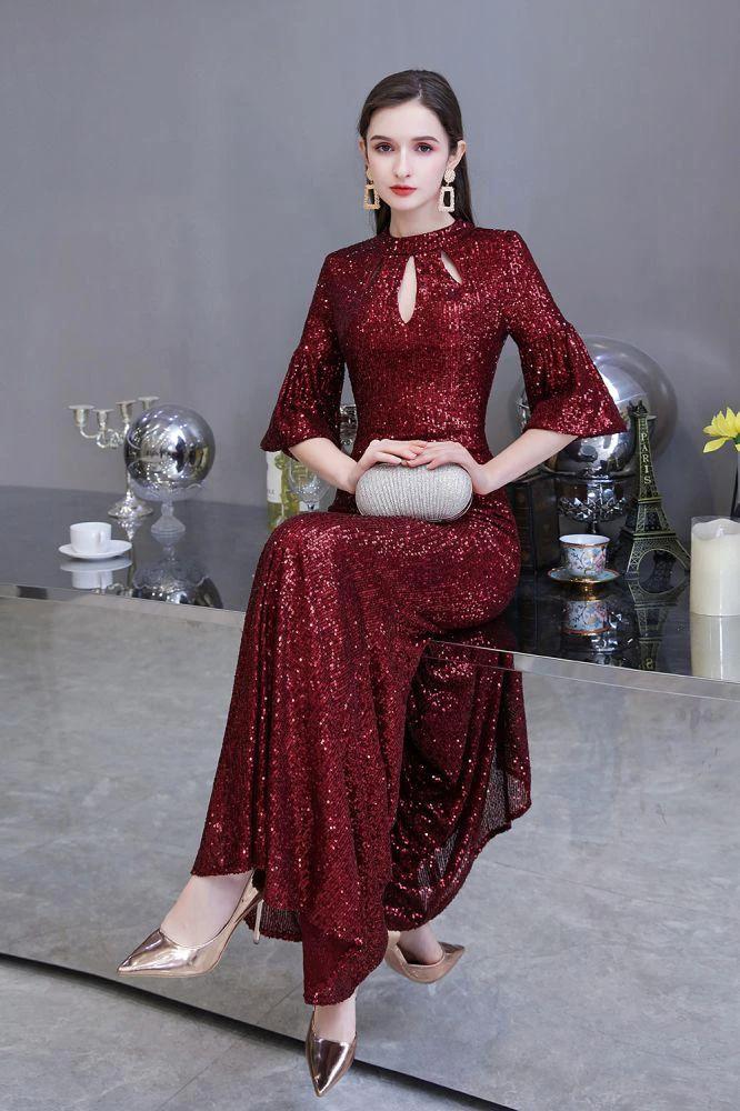 Glitter Half Sleeves Key hole Mermaid Party Dress Burgundy by misshow.com