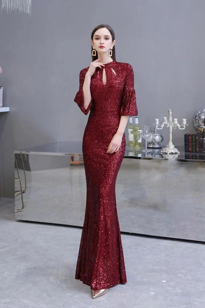Glitter Half Sleeves Key hole Mermaid Party Dress Burgundy by misshow.com