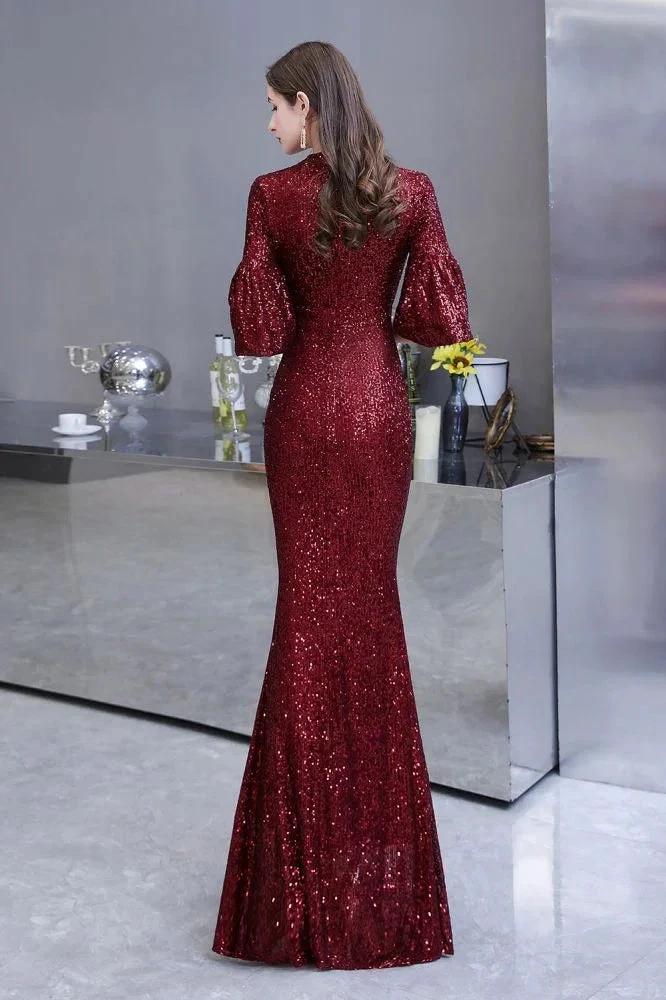 Glitter Half Sleeves Key hole Mermaid Party Dress Burgundy by misshow.com