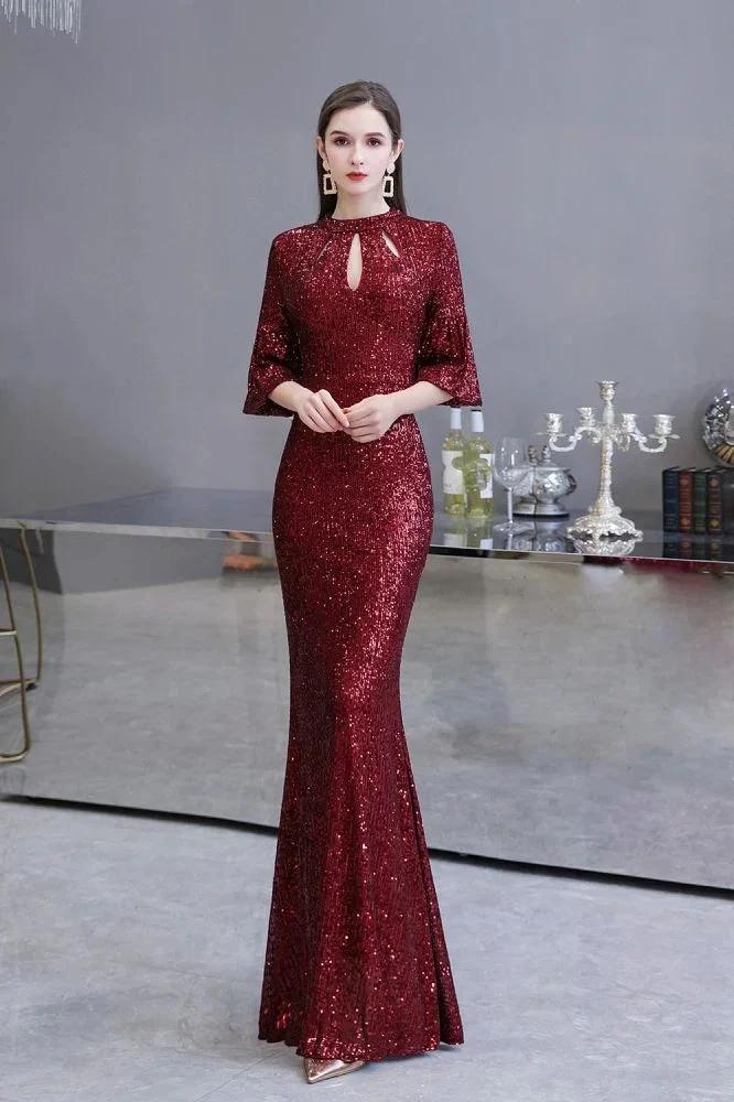 Glitter Half Sleeves Key hole Mermaid Party Dress Burgundy by misshow.com