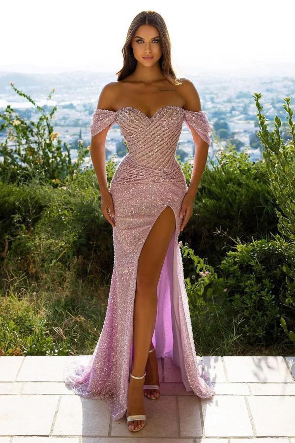 Glitter Long Mermaid Off-the-shoulder Prom Dress with Slit by BIZTUNNEL