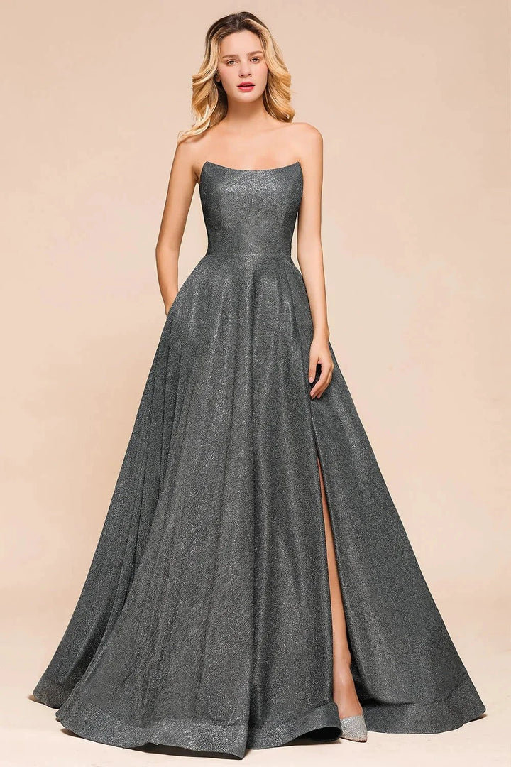 Glitter Strapless Backless Split Long Prom Dress by BIZTUNNEL