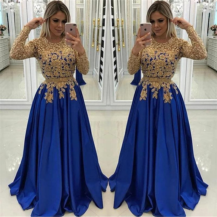 Gold Beads Lace Appliques Evening Dress with Sleeves by misshow.com