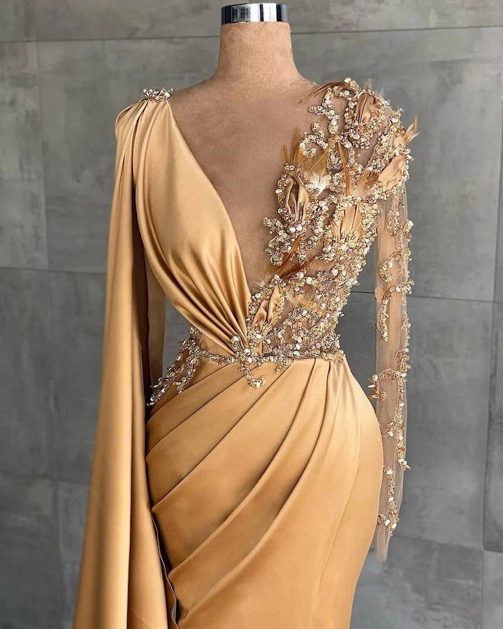 Gold Long Glitter Prom Dresses Evening dresses with sleeves by misshow.com
