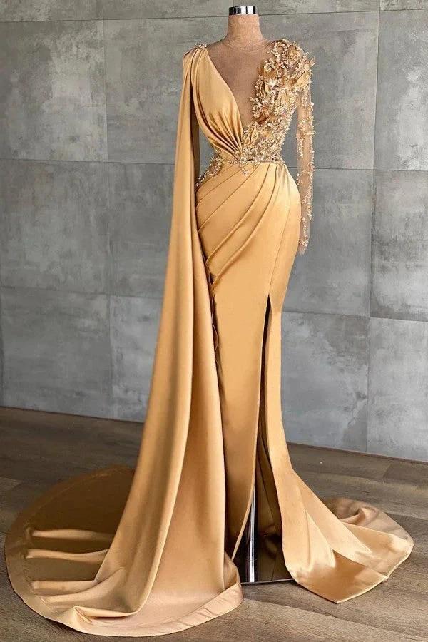 Gold Long Glitter Prom Dresses Evening dresses with sleeves by misshow.com