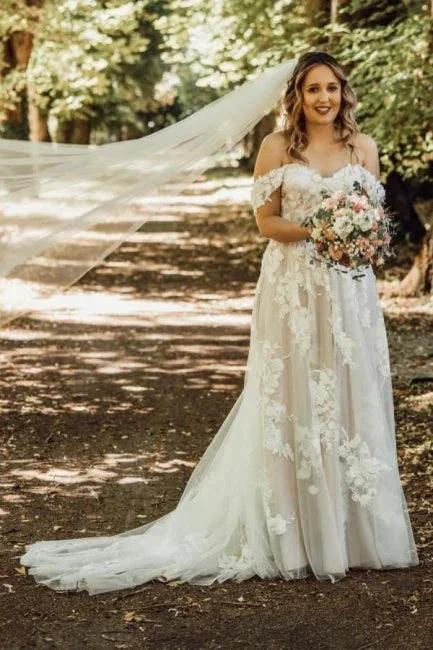 Gorgeous A-Line Lace Off-The-Shoulder Sleeveless White Wedding Dresses With Ruffles by misshow.com