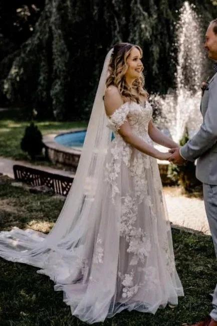 Gorgeous A-Line Lace Off-The-Shoulder Sleeveless White Wedding Dresses With Ruffles by misshow.com