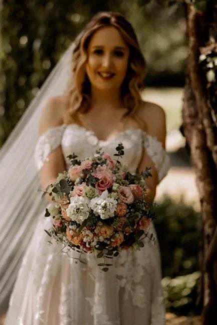 Gorgeous A-Line Lace Off-The-Shoulder Sleeveless White Wedding Dresses With Ruffles by misshow.com