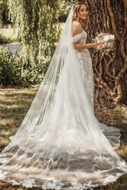 Gorgeous A-Line Lace Off-The-Shoulder Sleeveless White Wedding Dresses With Ruffles by misshow.com