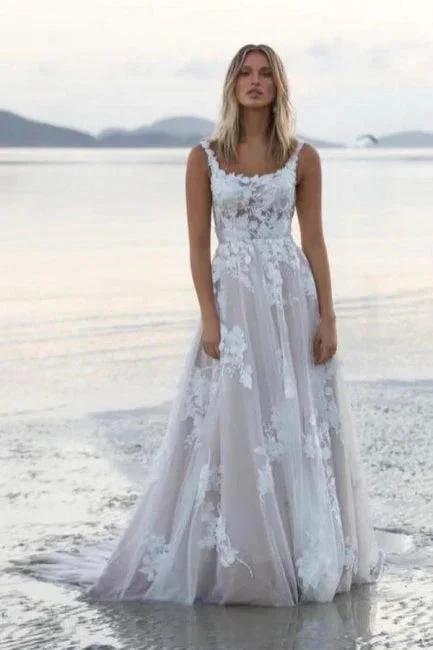 Gorgeous A-Line Lace Scoop Sleeveless White Wedding Dresses With Appliques Train by misshow.com