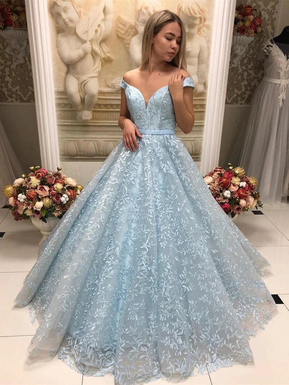 Gorgeous A-line Off the Shoulder Lace Tulle Long Prom Dresses by BIZTUNNEL