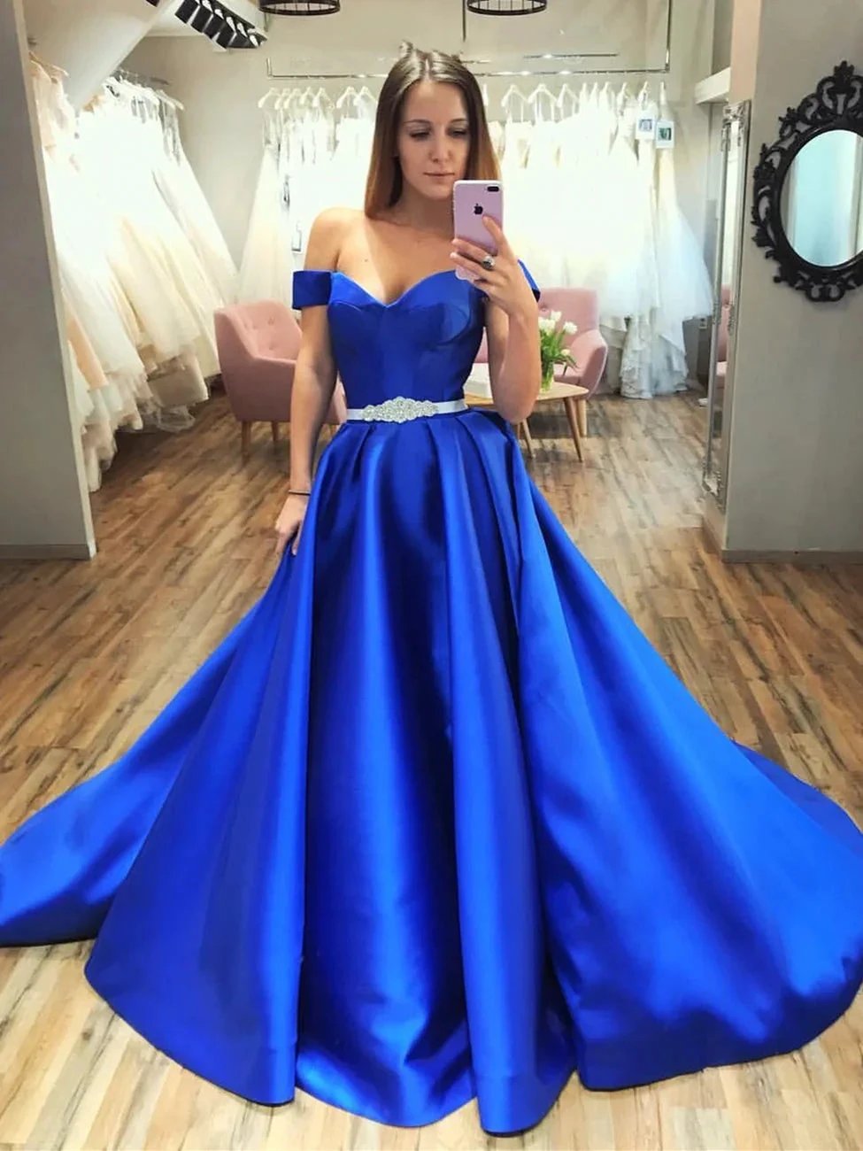 Gorgeous A-line Off the Shoulder Satin Long Prom Dresses Royal Blue Formal Evening Dresses by BIZTUNNEL
