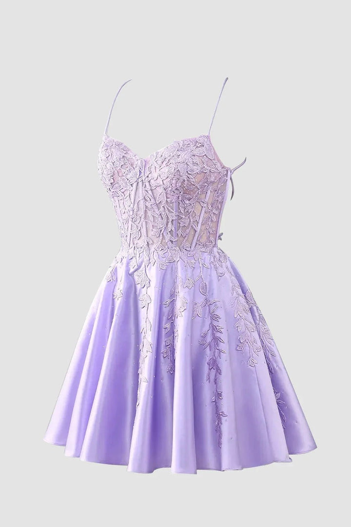 Gorgeous A Line Spaghetti Straps Royal Blue Corset Homecoming Dress with Appliques by KissProm