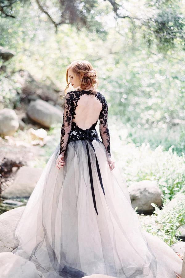 Gorgeous A-line V neck Long Sleeve Black Lace Wedding Dress Bridal Gown WD485 by pgmdress