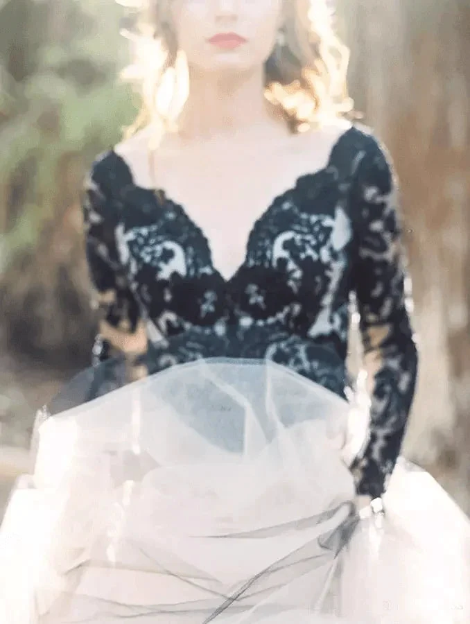 Gorgeous A-line V neck Long Sleeve Black Lace Wedding Dress Bridal Gown WD485 by pgmdress