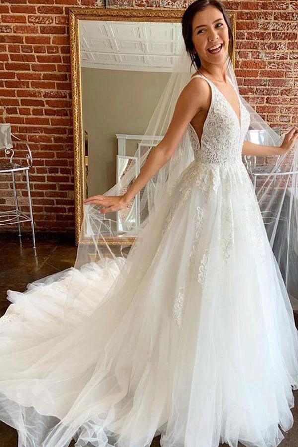 Gorgeous A-line V Neck Open Back Tulle Wedding Dresses with Appliques WD514 by pgmdress