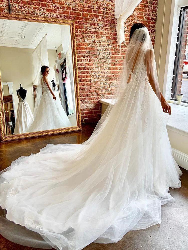 Gorgeous A-line V Neck Open Back Tulle Wedding Dresses with Appliques WD514 by pgmdress