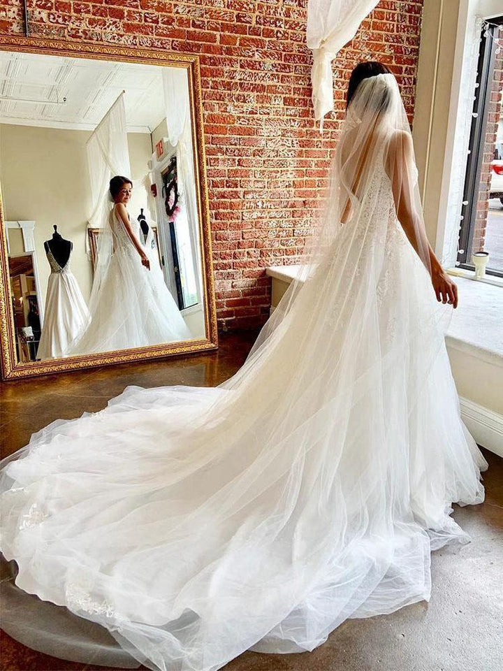 Gorgeous A-line V Neck Open Back Tulle Wedding Dresses with Appliques WD514 by pgmdress