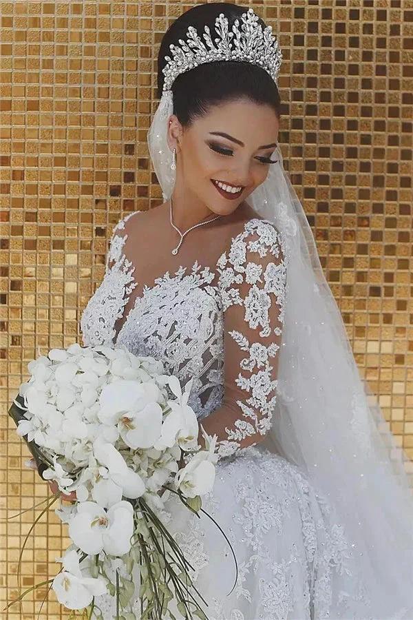 Gorgeous Beaded Lace Mermaid Wedding Dress leeves Sheer Tulle Appliques Bridal Wears by misshow.com