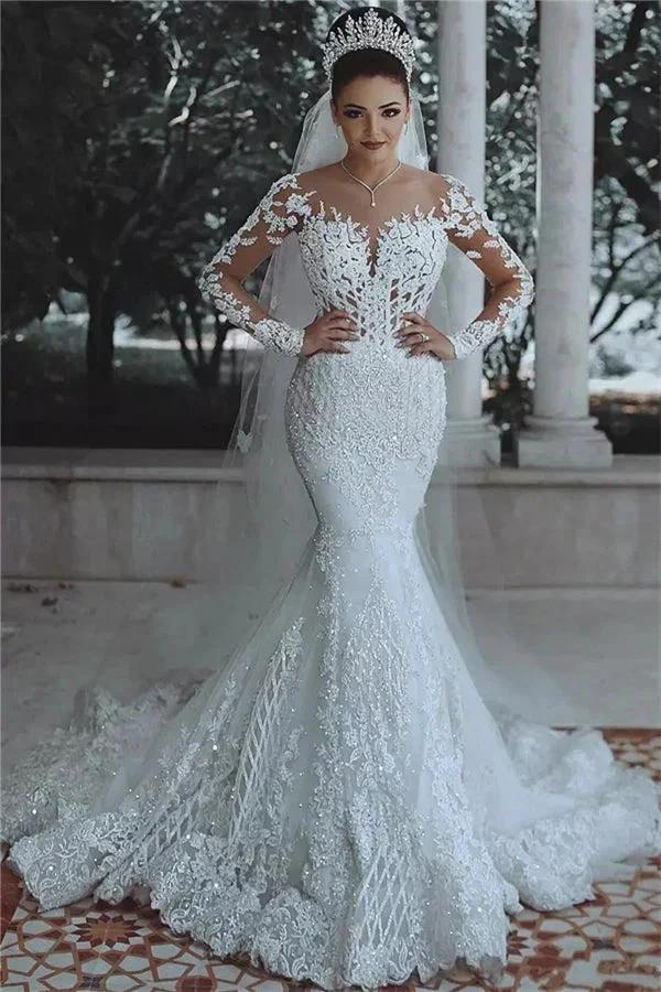 Gorgeous Beaded Lace Mermaid Wedding Dress leeves Sheer Tulle Appliques Bridal Wears by misshow.com