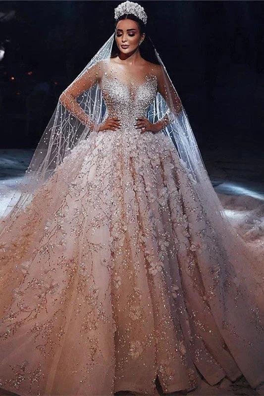 Gorgeous Beading Floral Bridal Wears Sheer Neck Long Sleeves Princess Wedding Dress by misshow.com