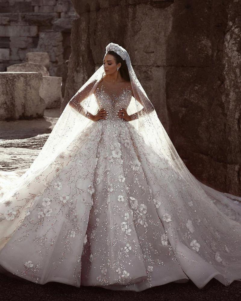 Gorgeous Beading Floral Bridal Wears Sheer Neck Long Sleeves Princess Wedding Dress by misshow.com
