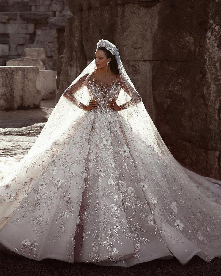 Gorgeous Beading Floral Bridal Wears Sheer Neck Long Sleeves Princess Wedding Dress by misshow.com