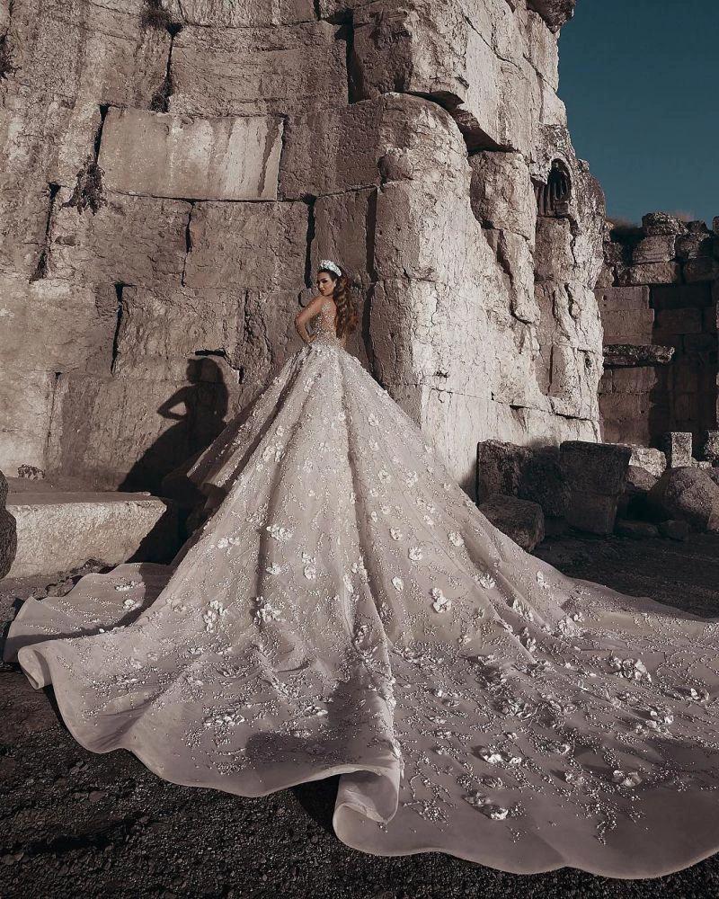 Gorgeous Beading Floral Bridal Wears Sheer Neck Long Sleeves Princess Wedding Dress by misshow.com