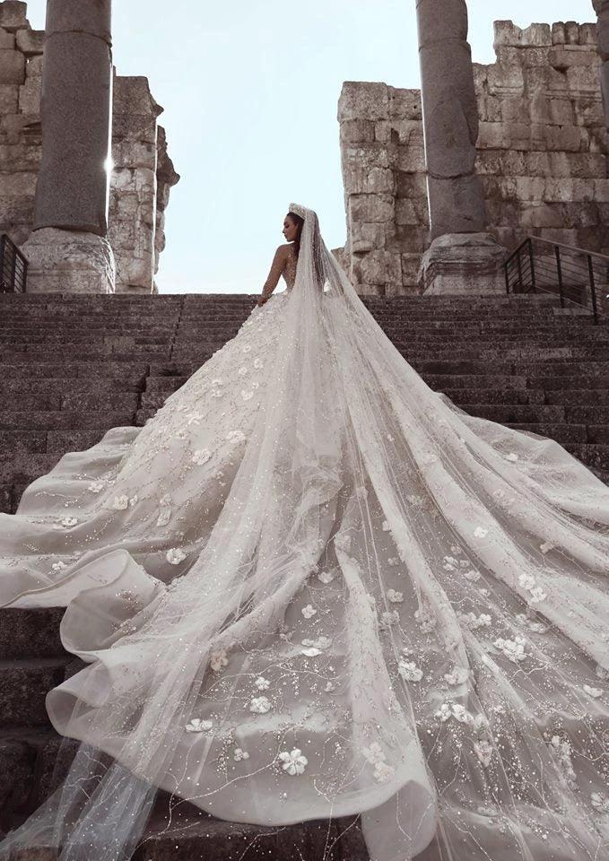 Gorgeous Beading Floral Bridal Wears Sheer Neck Long Sleeves Princess Wedding Dress by misshow.com
