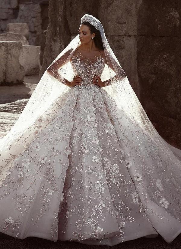 Gorgeous Beading Floral Bridal Wears Sheer Neck Long Sleeves Princess Wedding Dress by misshow.com