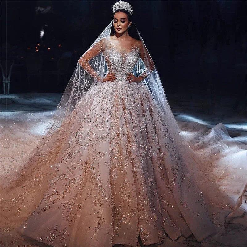Gorgeous Beading Floral Bridal Wears Sheer Neck Long Sleeves Princess Wedding Dress by misshow.com