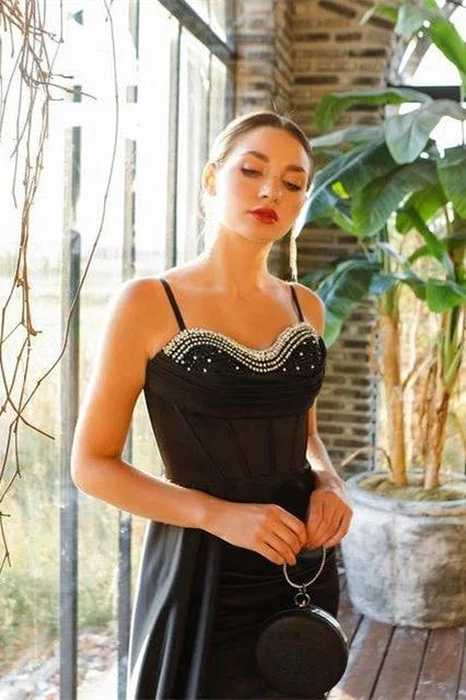 Gorgeous Black Mermaid Straps Sequined Prom Dress With Slit by misshow.com